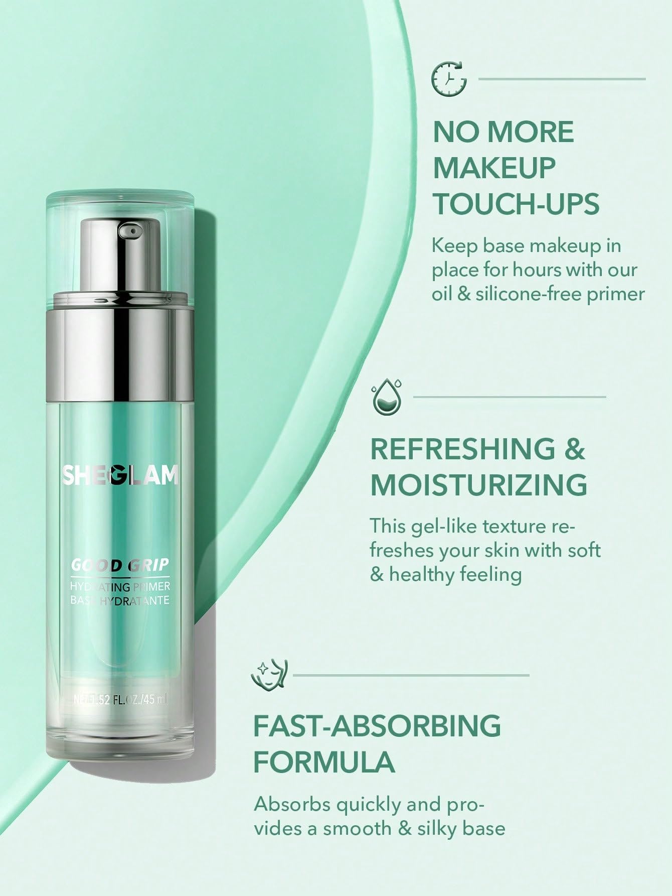 SHEGLAM primer swatched on hand demonstrating quick absorption benefit