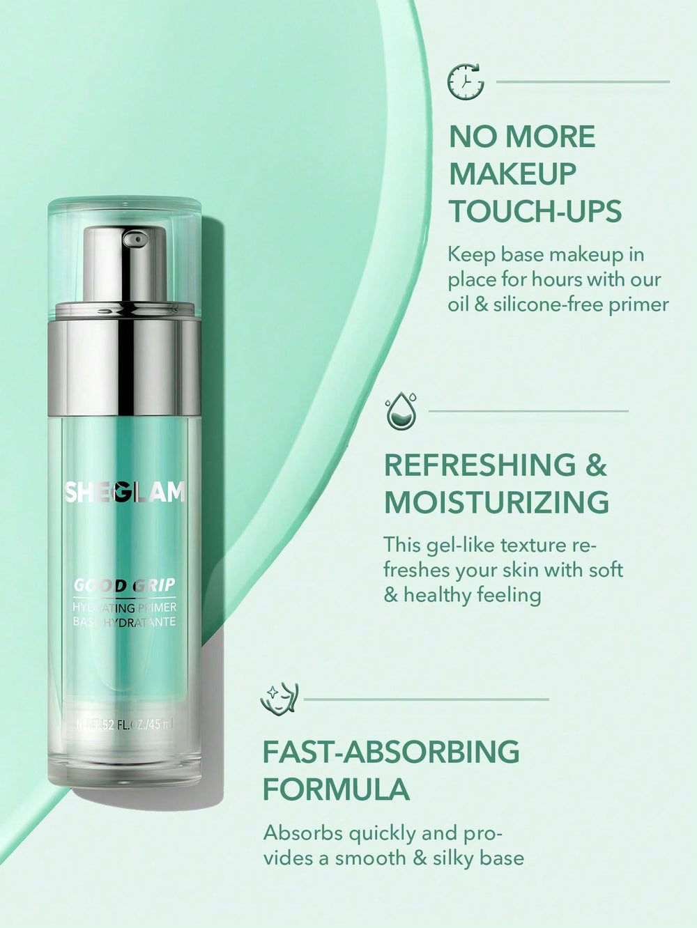 SHEGLAM primer swatched on hand demonstrating quick absorption benefit