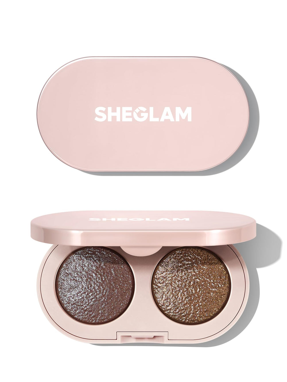 SHEGLAM compact front showing duo and sleek packaging, clear product ID benefit