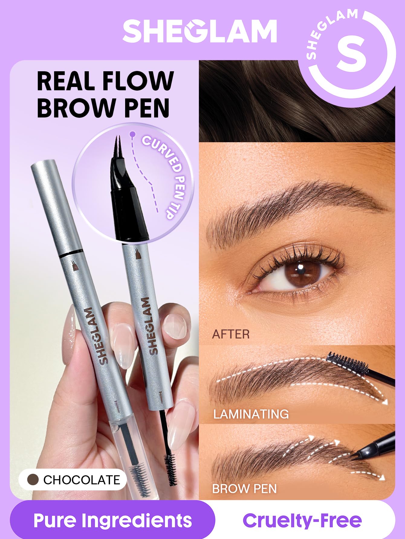 SHEGLAM close-up of two-prong tip creating precise hairlike strokes benefit