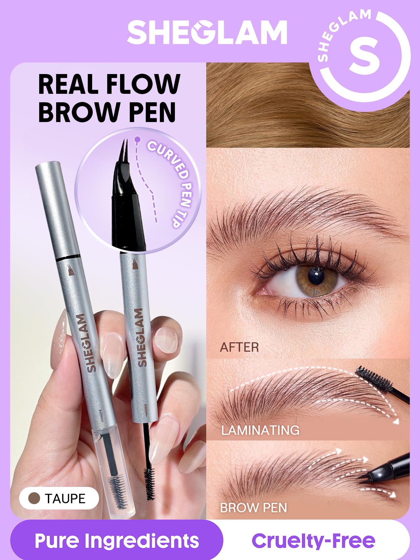 SHEGLAM close-up of two-prong tip creating hair-like strokes for natural brows
