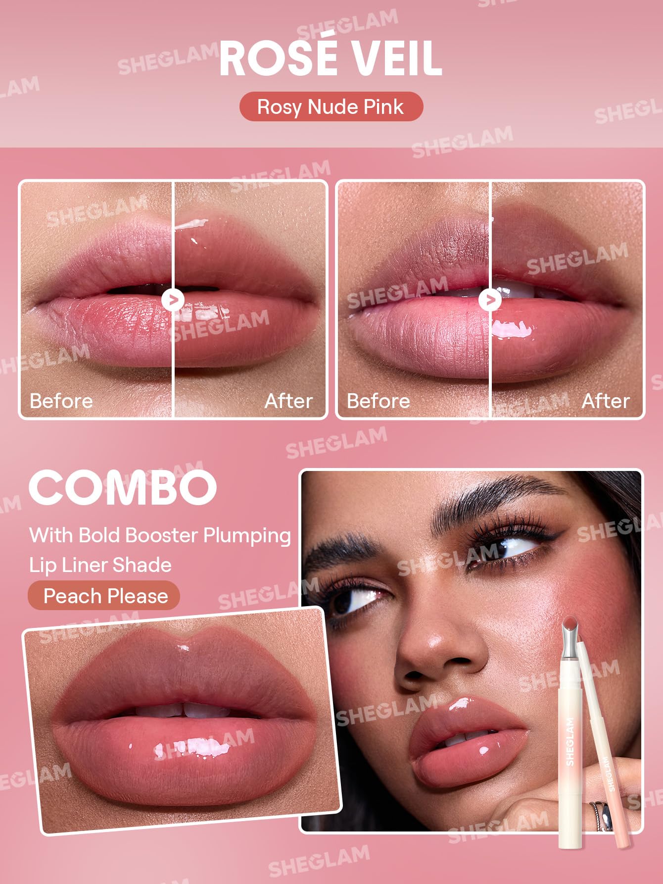 SHEGLAM paired with Bold Booster lip liner showing how to define lips