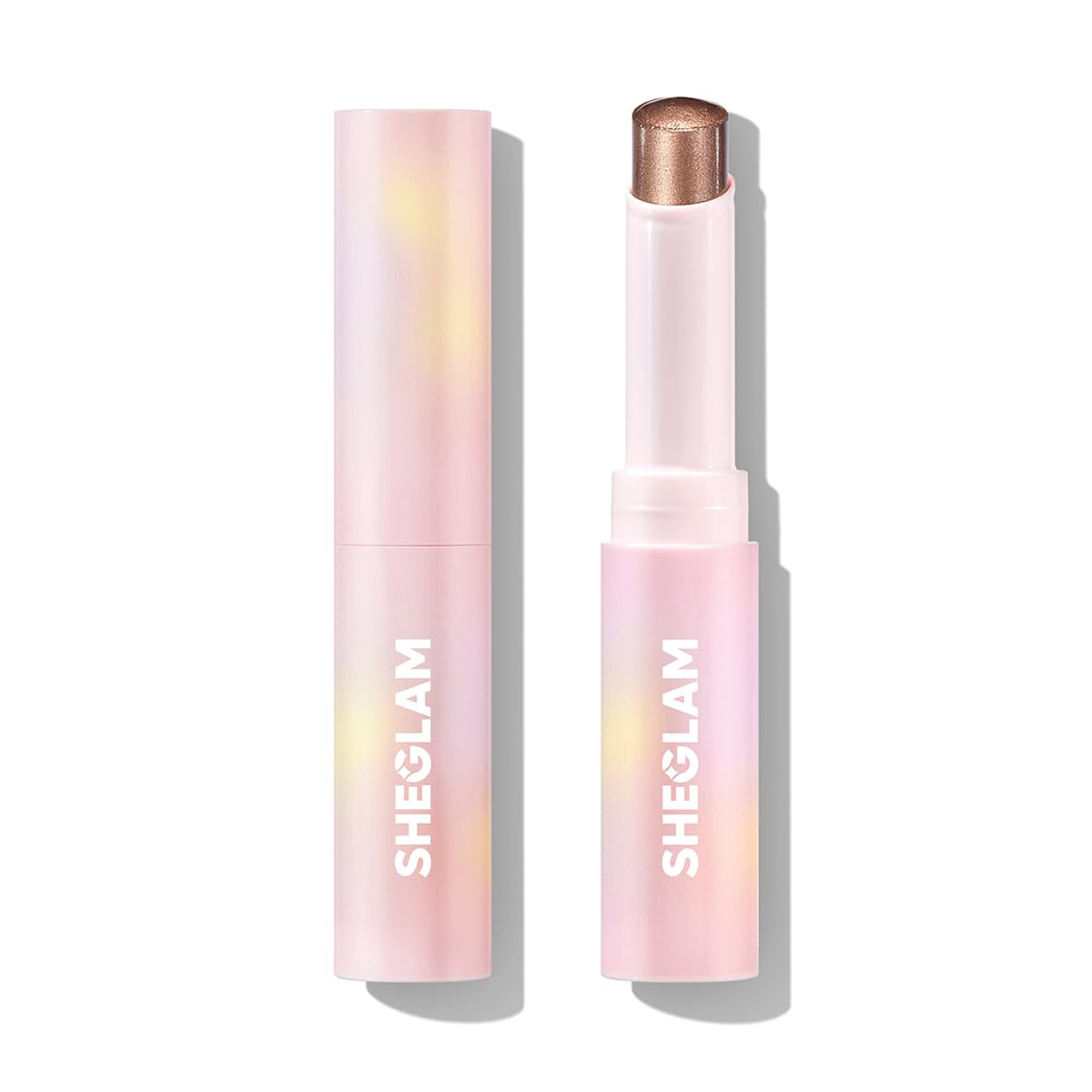 SHEGLAM Satin Suede front stick shows compact packaging and instant shimmer benefit