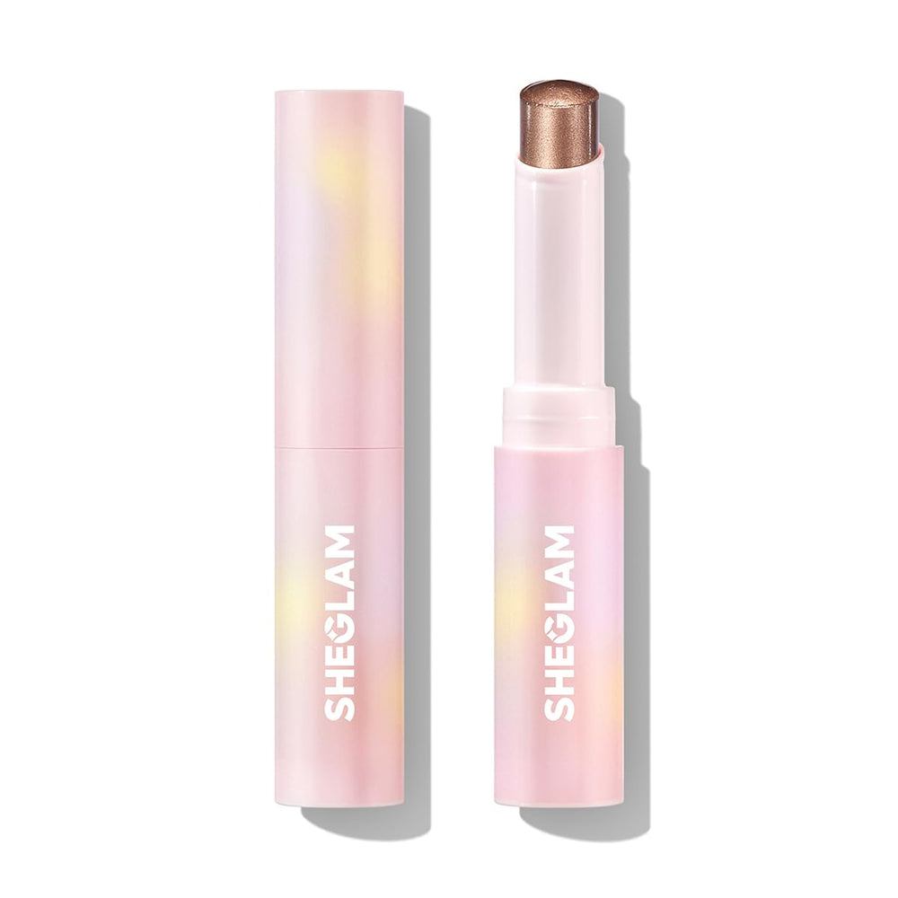 SHEGLAM Satin Suede front stick shows compact packaging and instant shimmer benefit