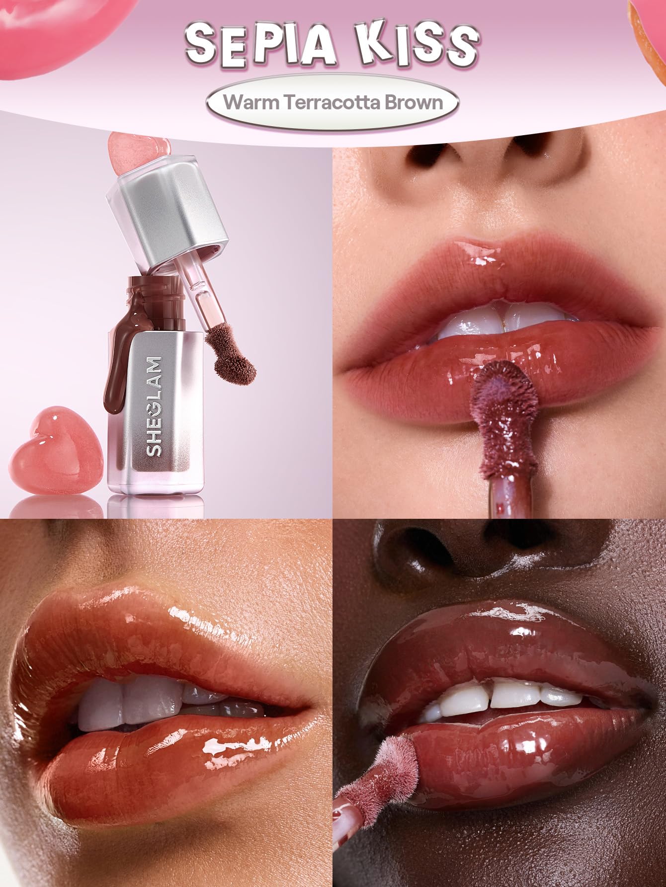 SHEGLAM sepia kiss lip swatch on paper showing shade payoff and shine