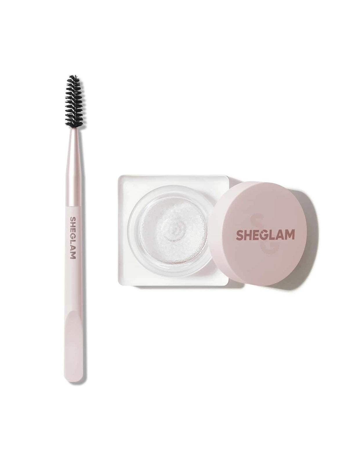 SHEGLAM clear brow gel tube front view showing compact packaging and quick application benefit