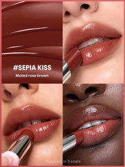 SHEGLAM lip swatches showcasing 555 Sepia Kiss buildable glossy tint