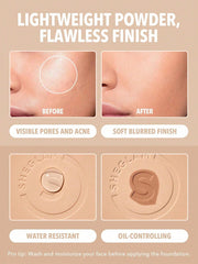 SHEGLAM applying powder with brush for even coverage and matte control