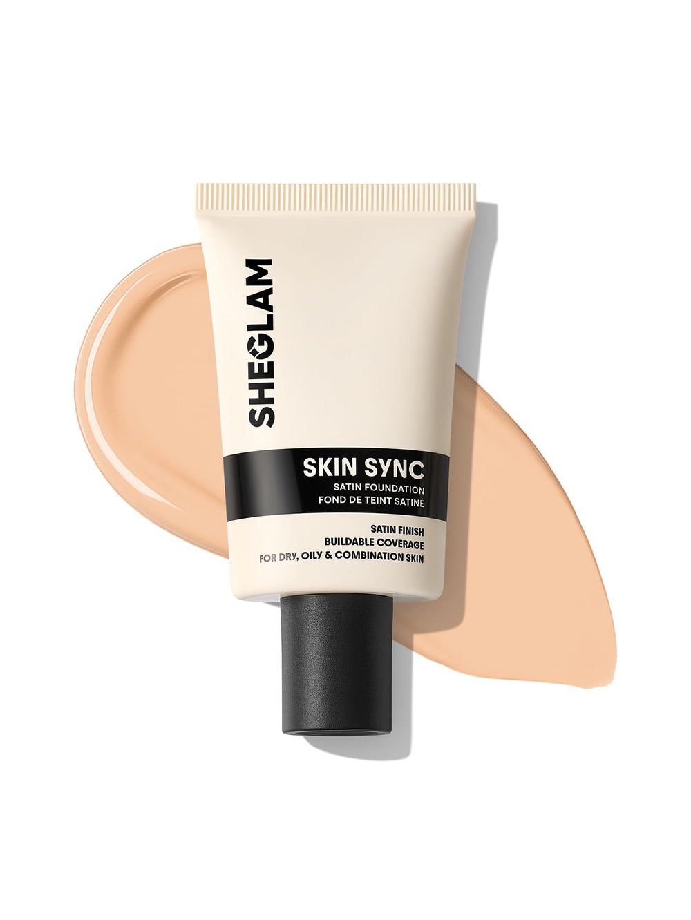SHEGLAM front bottle showing sleek packaging and satin finish benefit