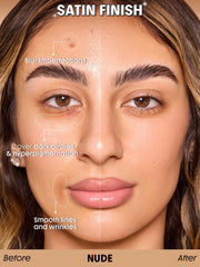 SHEGLAM split-face before and after showing pore-blurring benefit