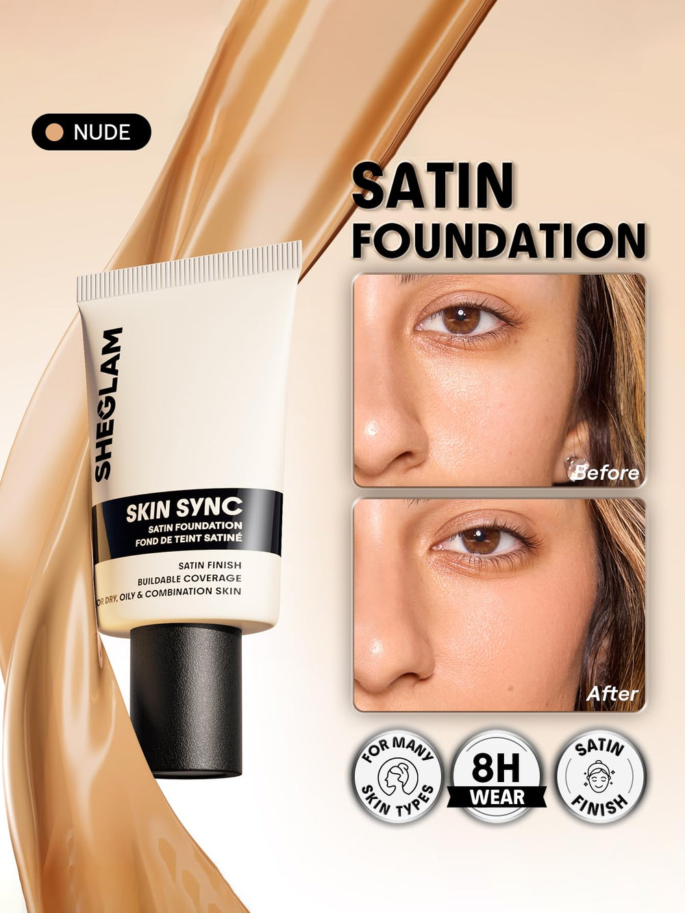 SHEGLAM bottle open dispensing foundation showing easy application benefit