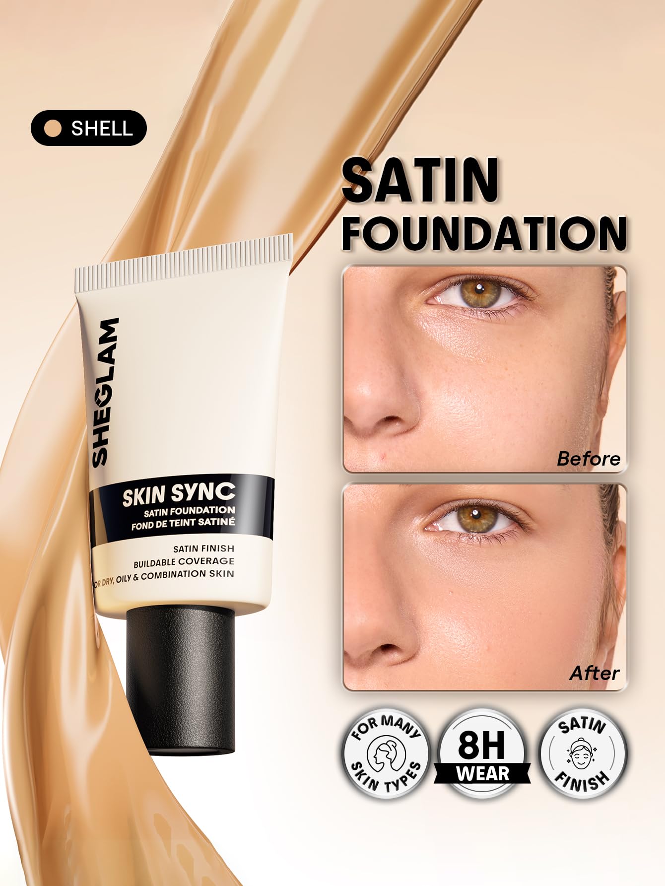 SHEGLAM foundation pump close-up highlighting easy dispensing and hygienic use
