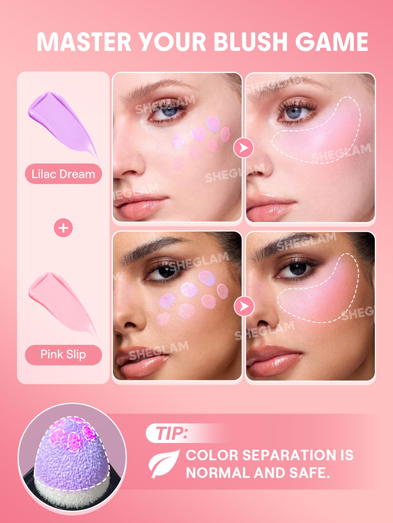 SHEGLAM arm swatches demonstrating blendable pink shade and buildable coverage