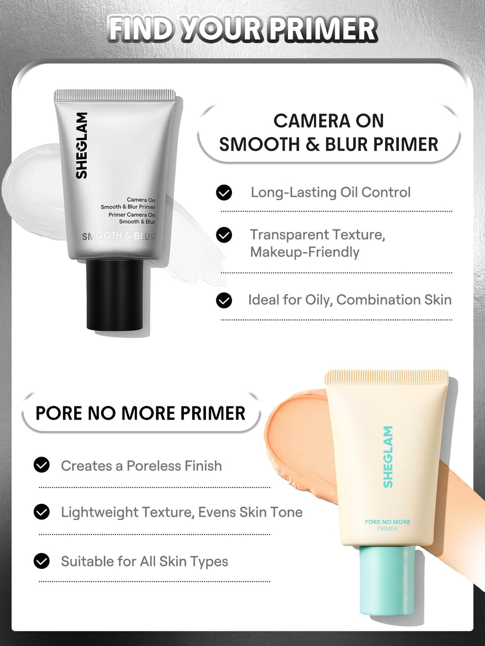SHEGLAM primer texture spread on skin illustrating smooth finish