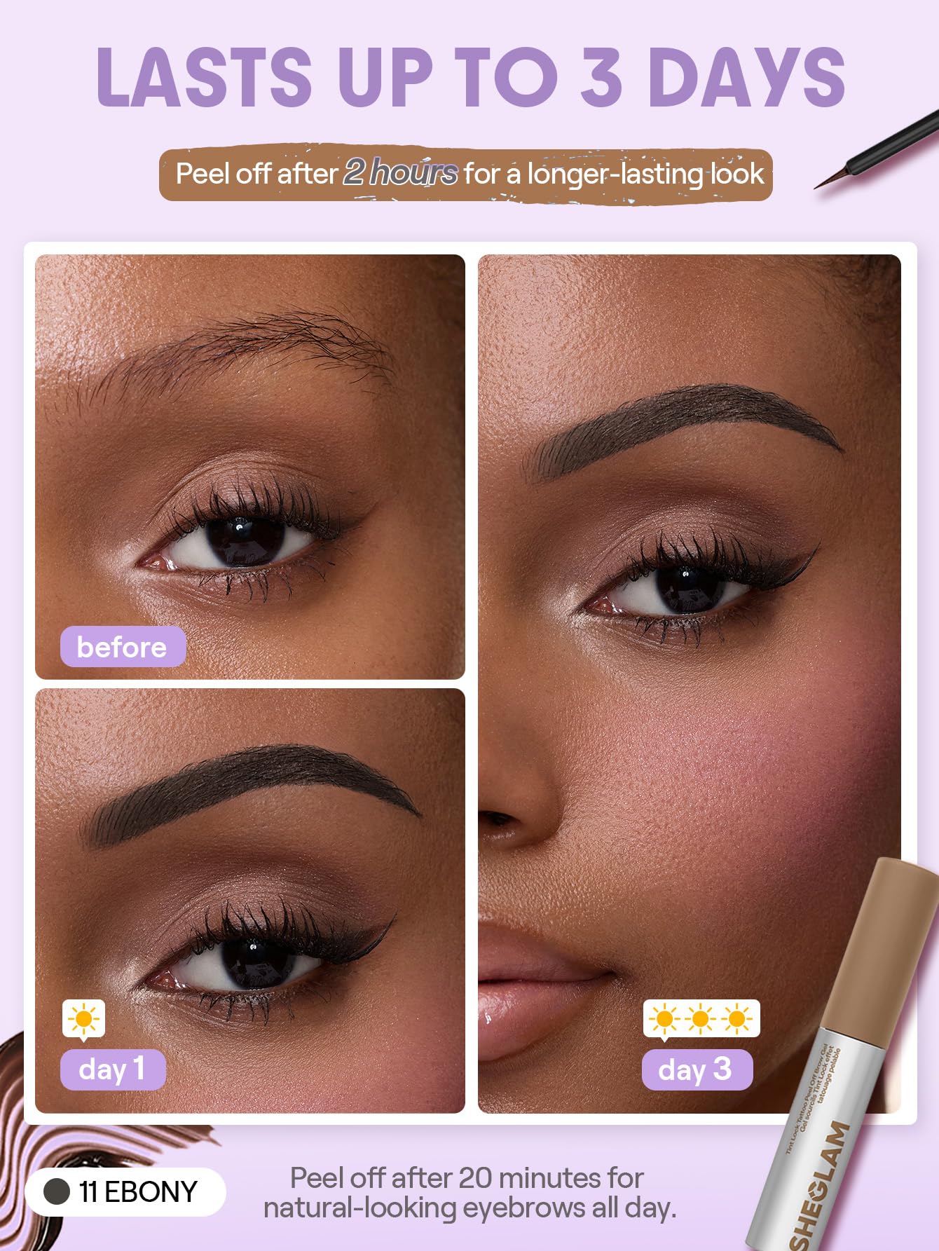 SHEGLAM open applicator revealing wand tip for precise brow shaping