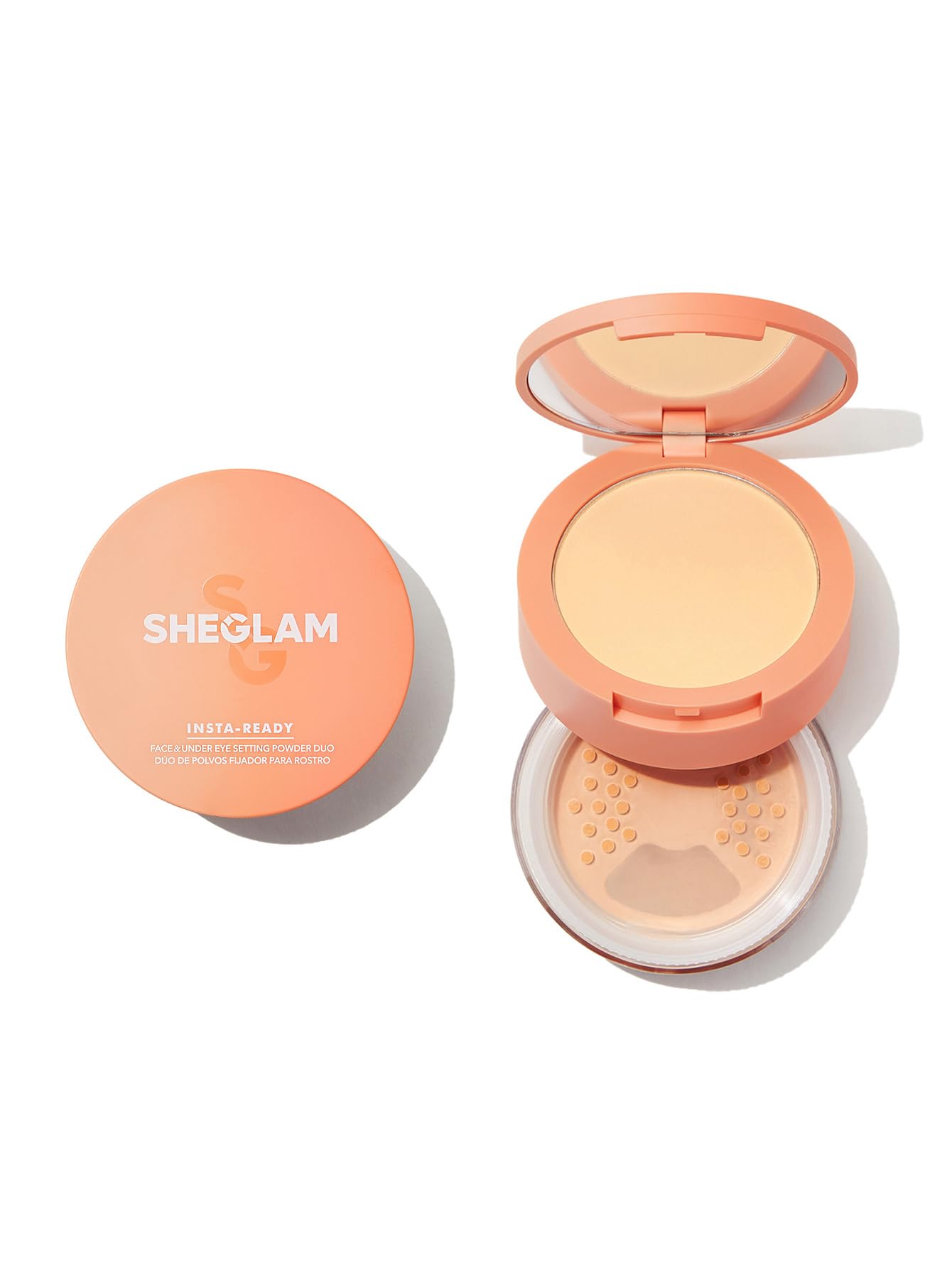 SHEGLAM compact front view showing Toasted Almond shade and packaging benefit