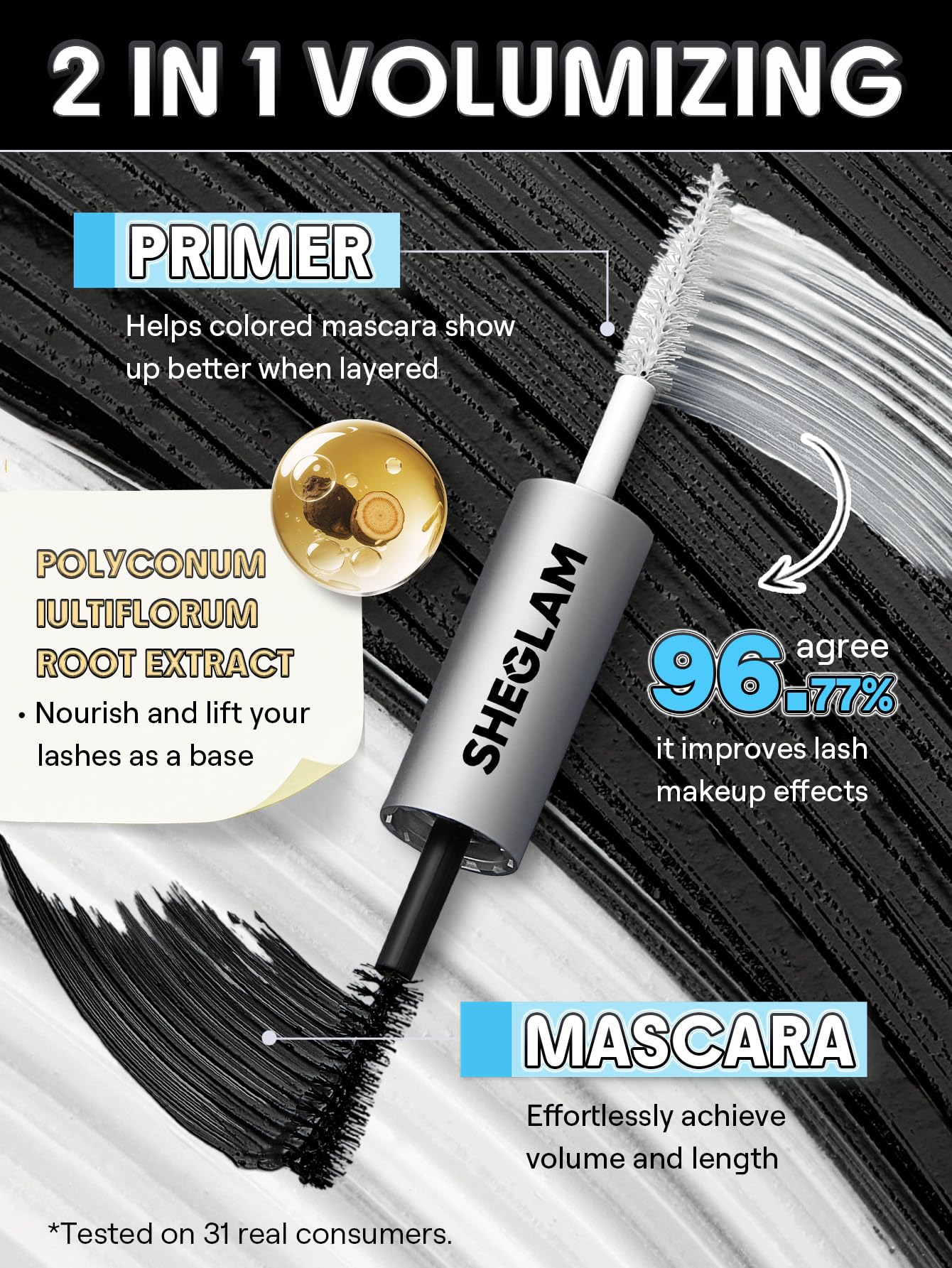 SHEGLAM tubing mascara brush texture close-up, designed for lift and separation