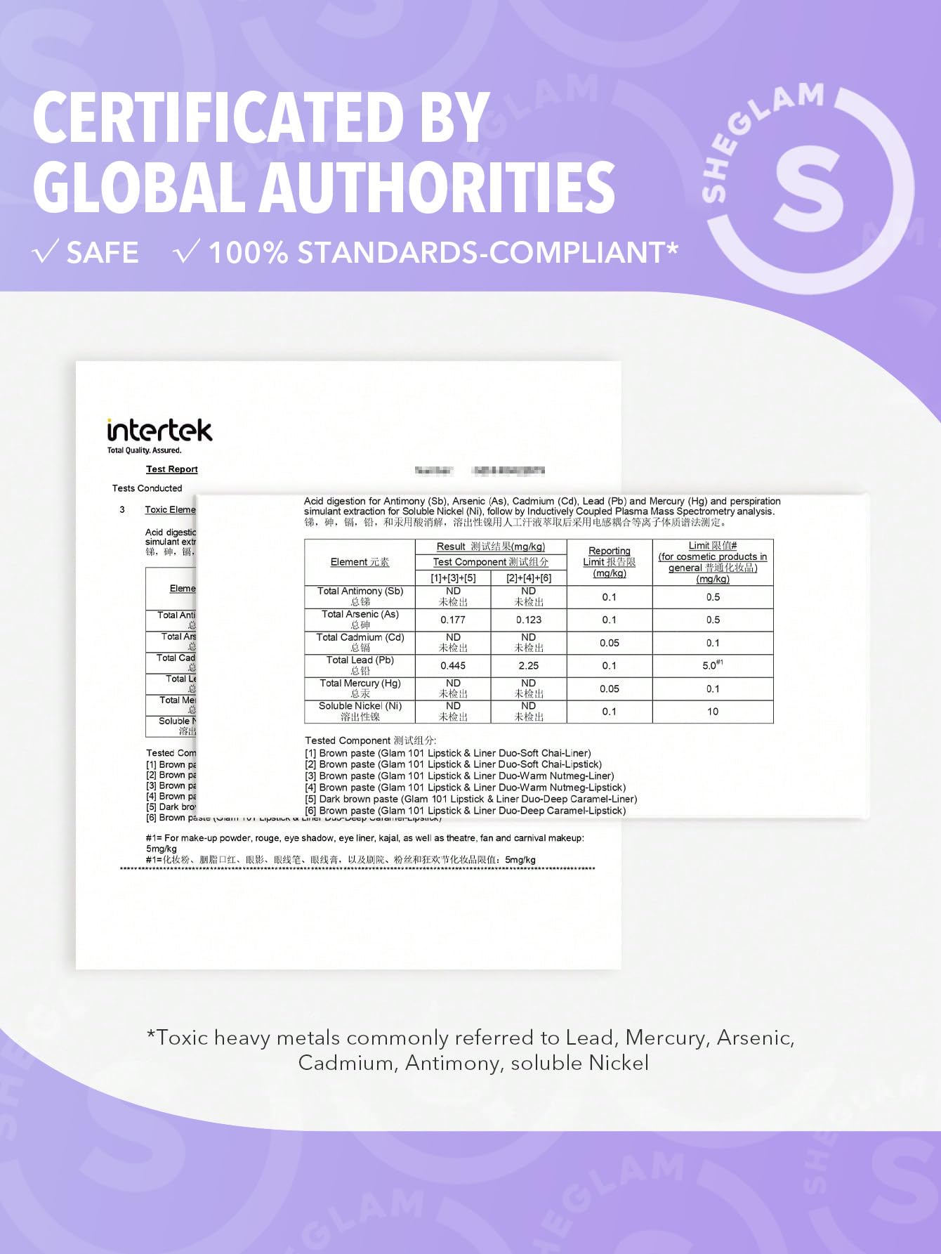SHEGLAM packaging and ingredients label indicating cruelty-free certification