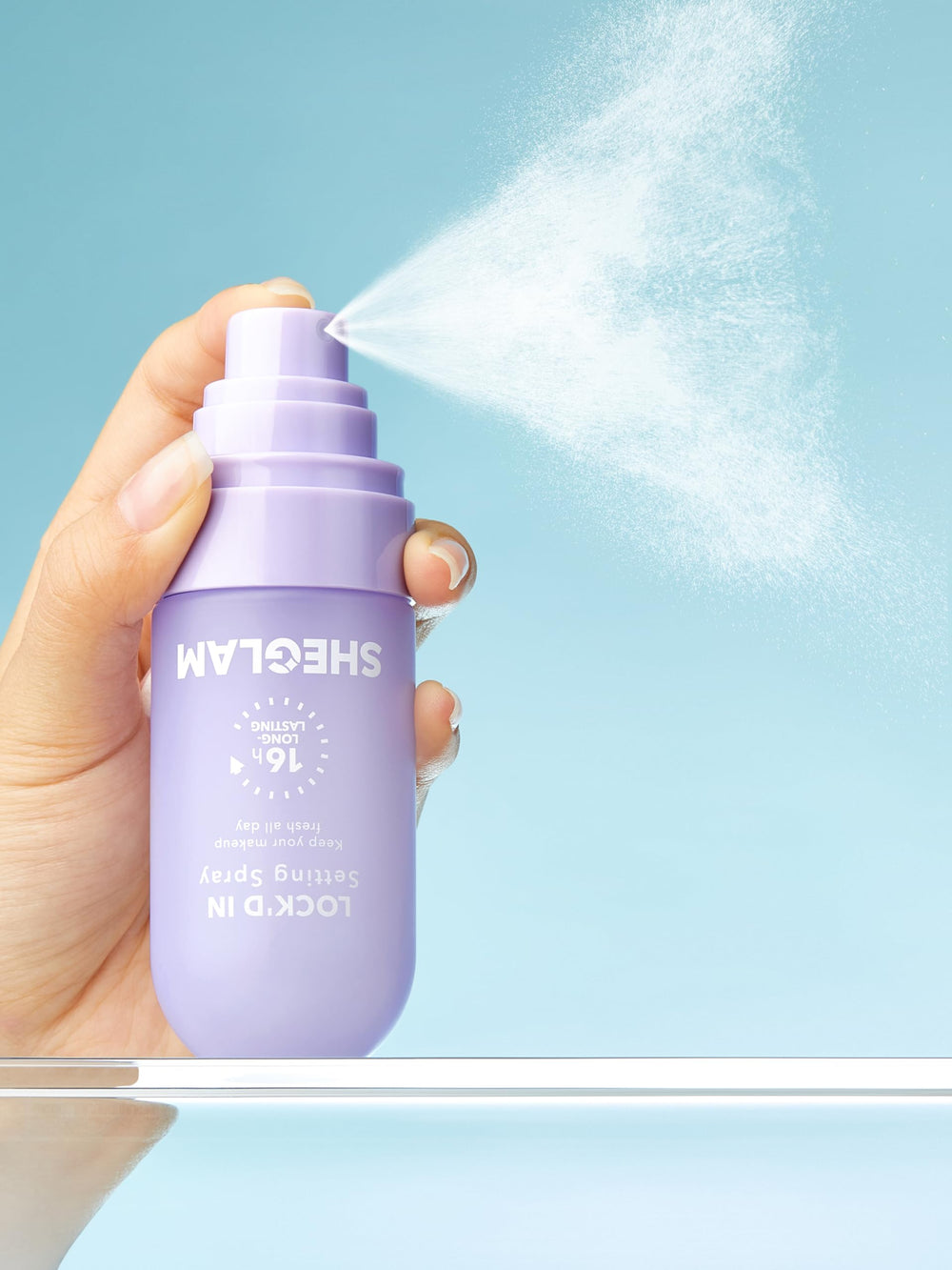Wide mist spray pattern from SHEGLAM illustrating full-face coverage benefit
