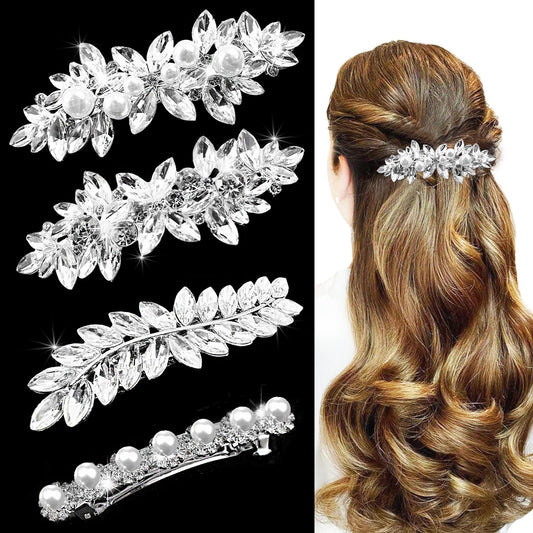SHEHARUHI front view of four silver rhinestone pearl hair clips, elegant accessory
