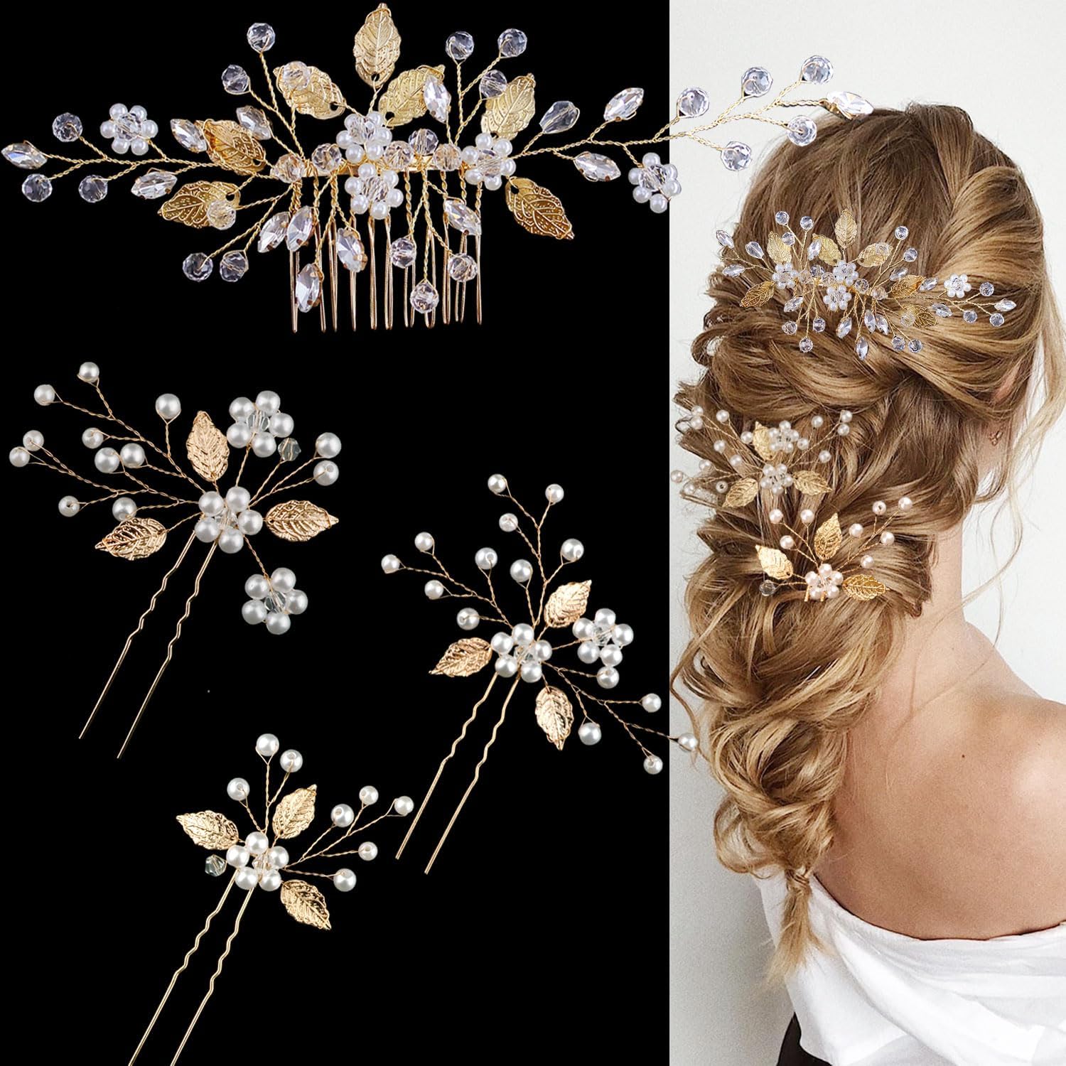 SHEHARUHI front view of gold leaf comb and pins showing elegant design and sparkle