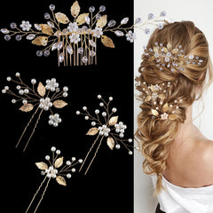SHEHARUHI front view of gold leaf comb and pins showing elegant design and sparkle