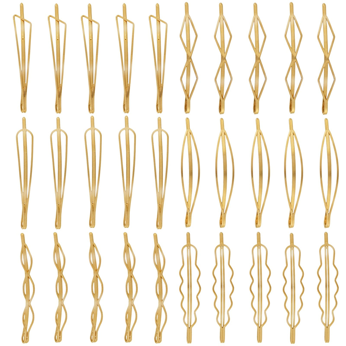 SHEHARUHI front view of 30-piece geometric gold clip set showing variety and convenience