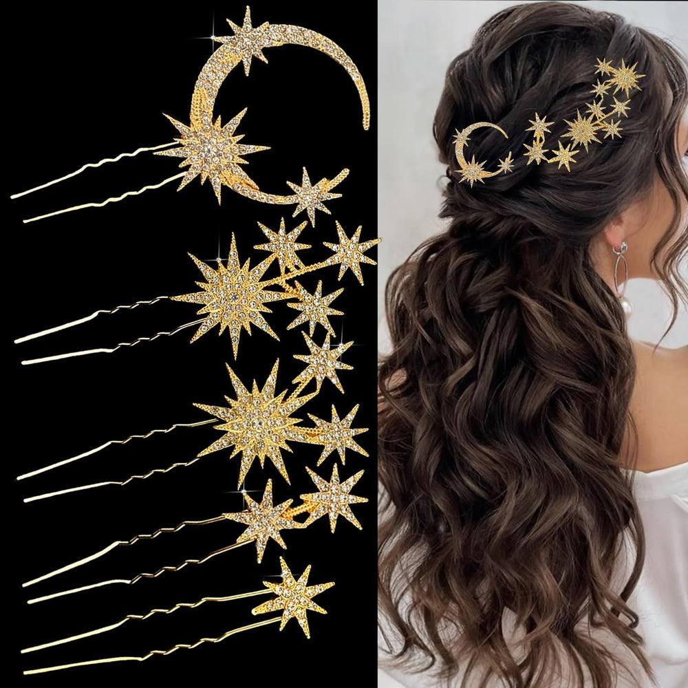 SHEHARUHI front view of five-piece celestial pin set showing gold finish and arrangement