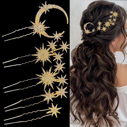 SHEHARUHI front view of five-piece celestial pin set showing gold finish and arrangement