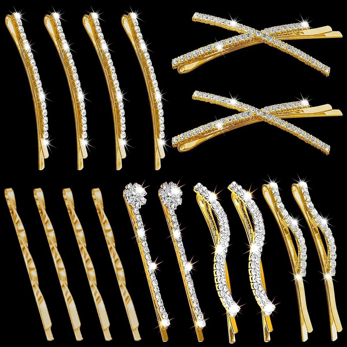 SHEHARUHI front view of gold rhinestone clip set showcasing variety and elegance
