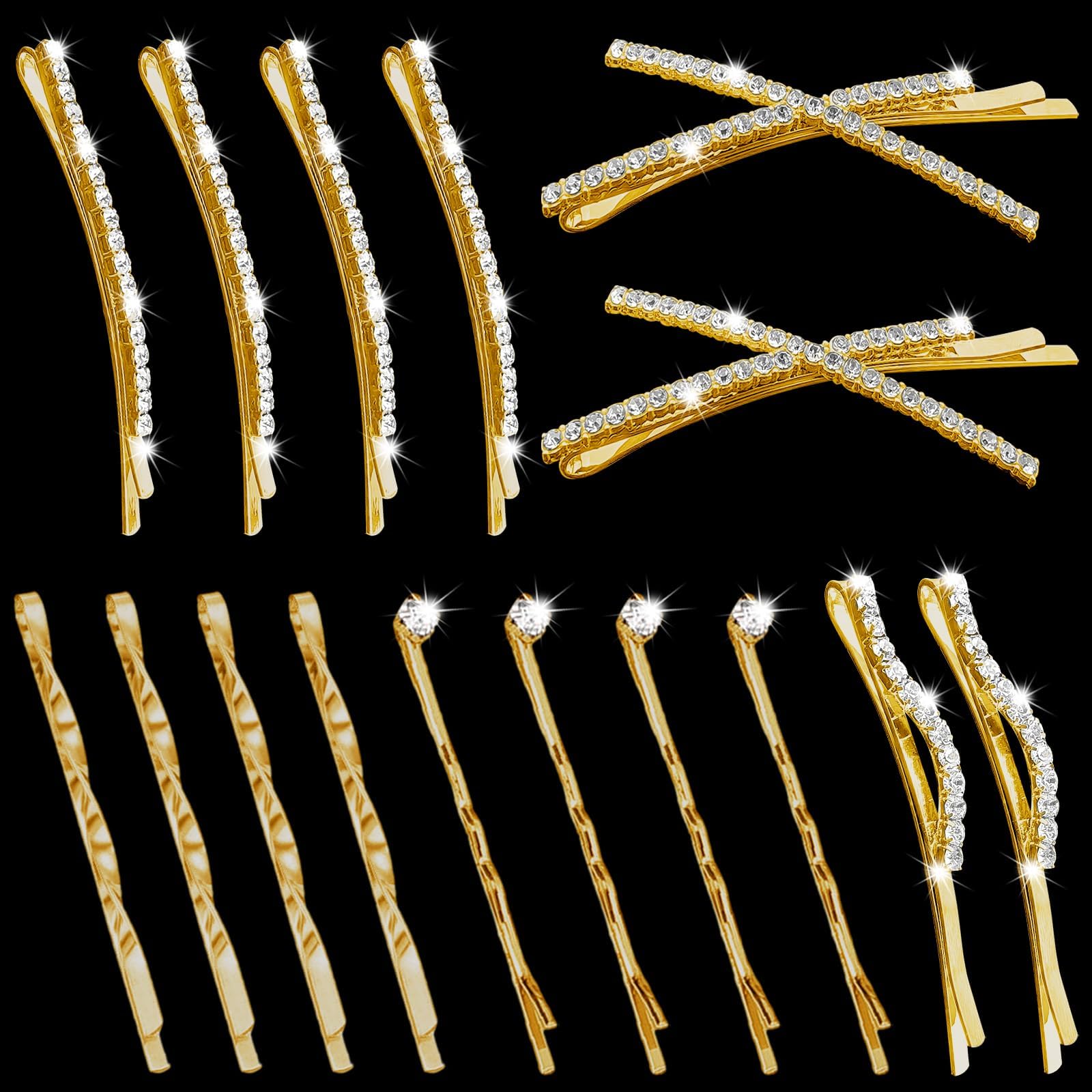 SHEHARUHI front view of 16-piece gold rhinestone clip set shows complete styling options and storage benefit