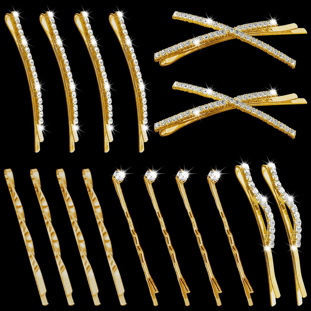 SHEHARUHI front view of 16-piece gold rhinestone clip set shows complete styling options and storage benefit