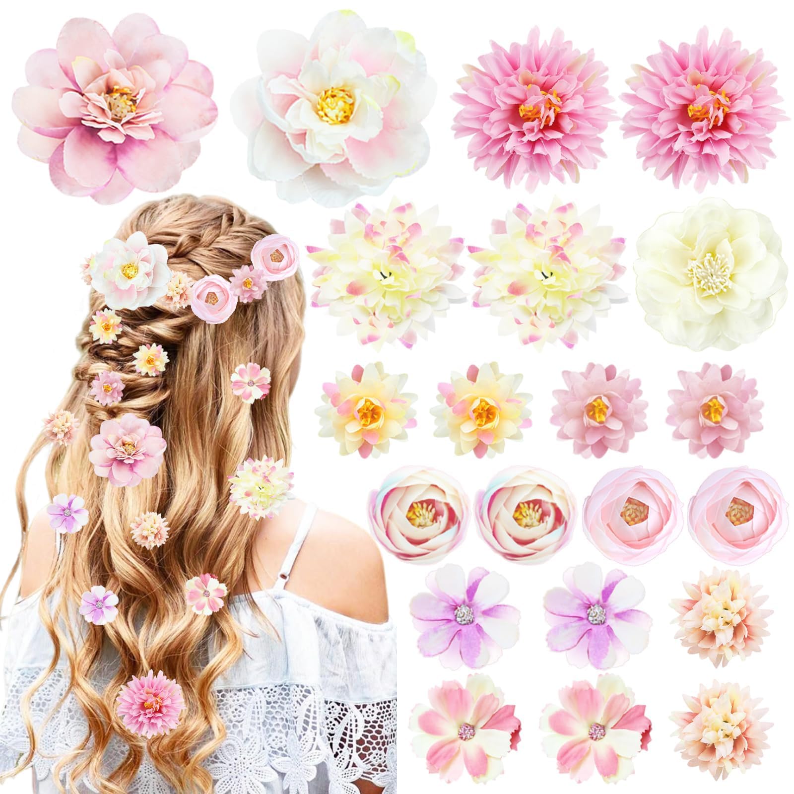 SHEHARUHI front view of pink and purple floral clip assortment, bright and organized