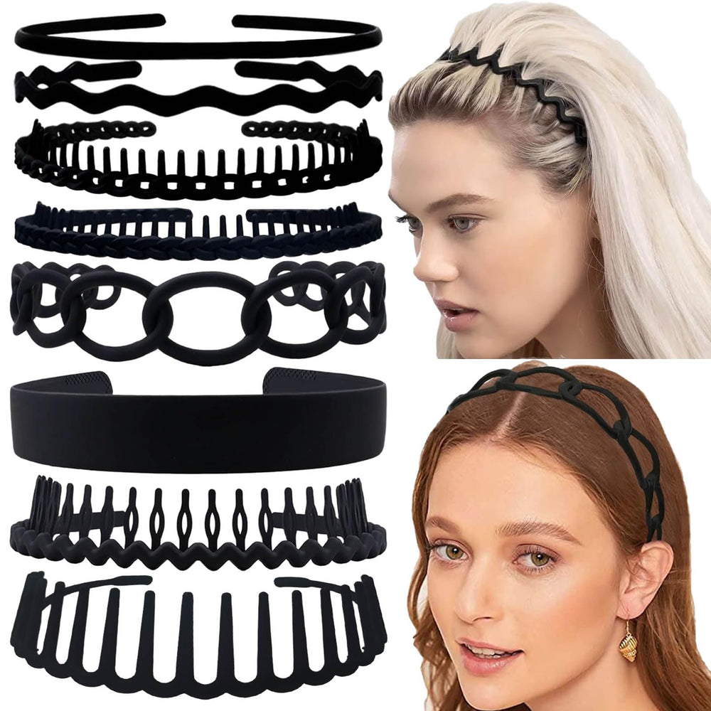 SHEHARUHI front view of all eight black headbands showing style variety and convenience