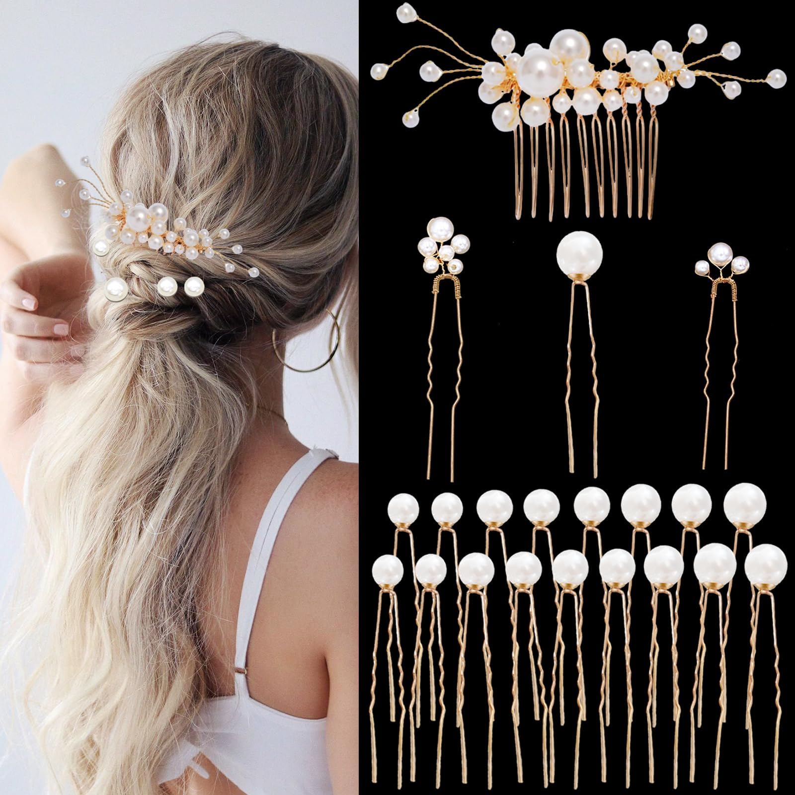 SHEHARUHI gold comb front view showing elegant pearls and secure hold