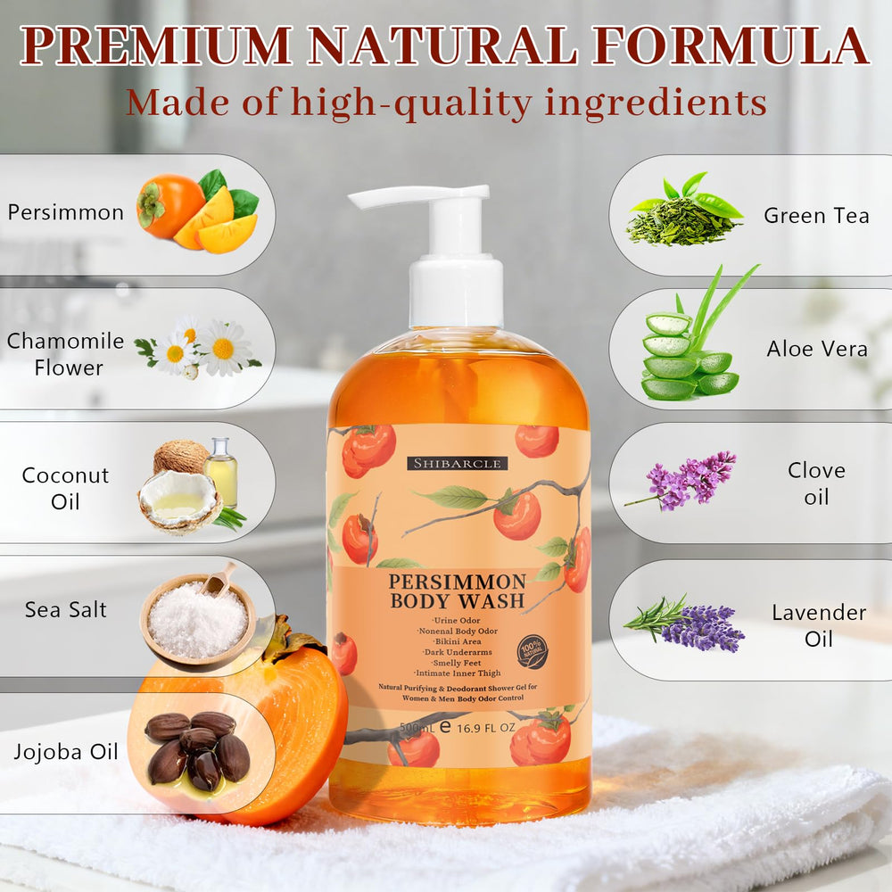Shibarcle label close-up listing persimmon tannin tea tree chamomile benefits