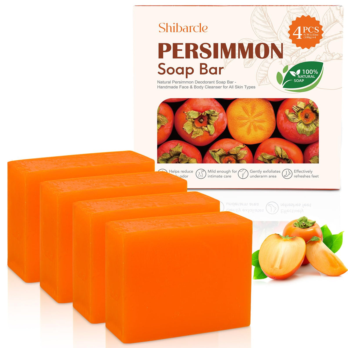 Shibarcle persimmon soap front packaging showing four bars and benefits