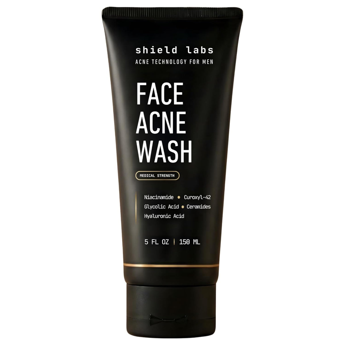 Shield front bottle showing unscented acne wash and clear benefit
