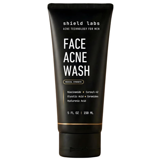 Shield front bottle showing unscented acne wash and clear benefit
