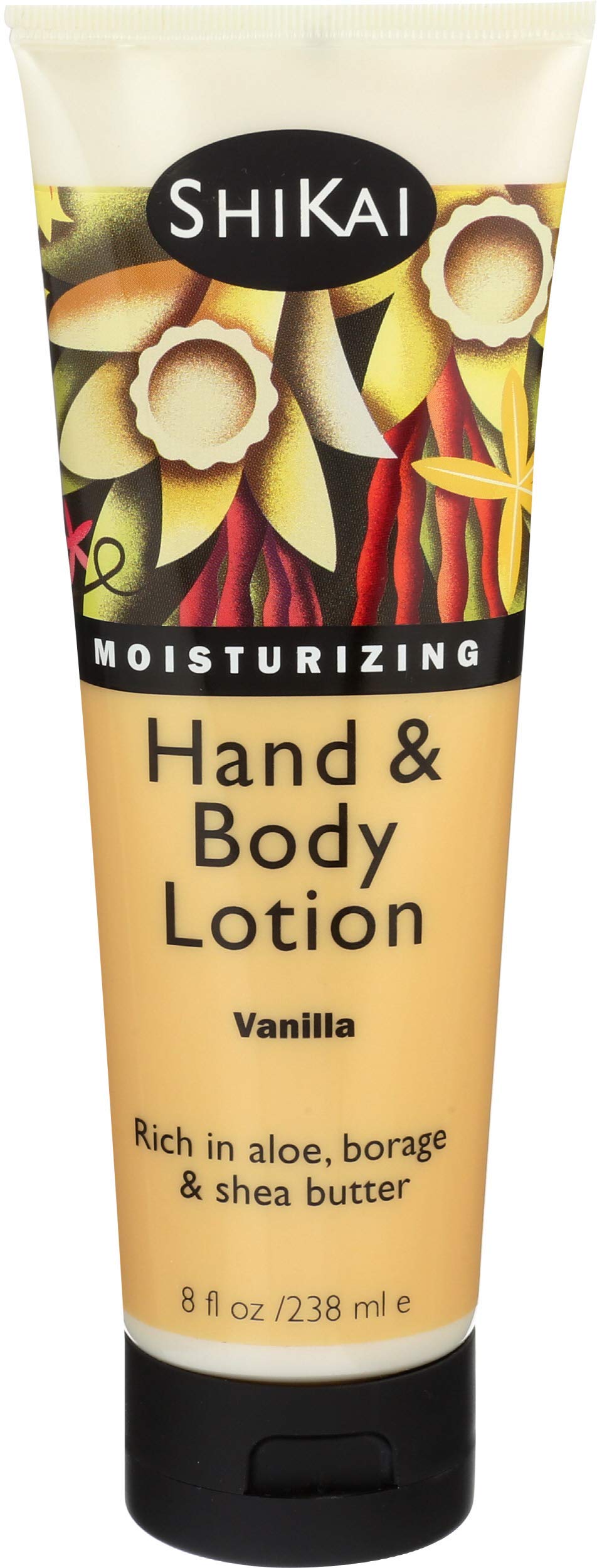 ShiKai vanilla lotion front packaging showing 8oz bottle and nourishing benefits