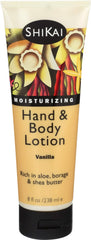 ShiKai vanilla lotion front packaging showing 8oz bottle and nourishing benefits