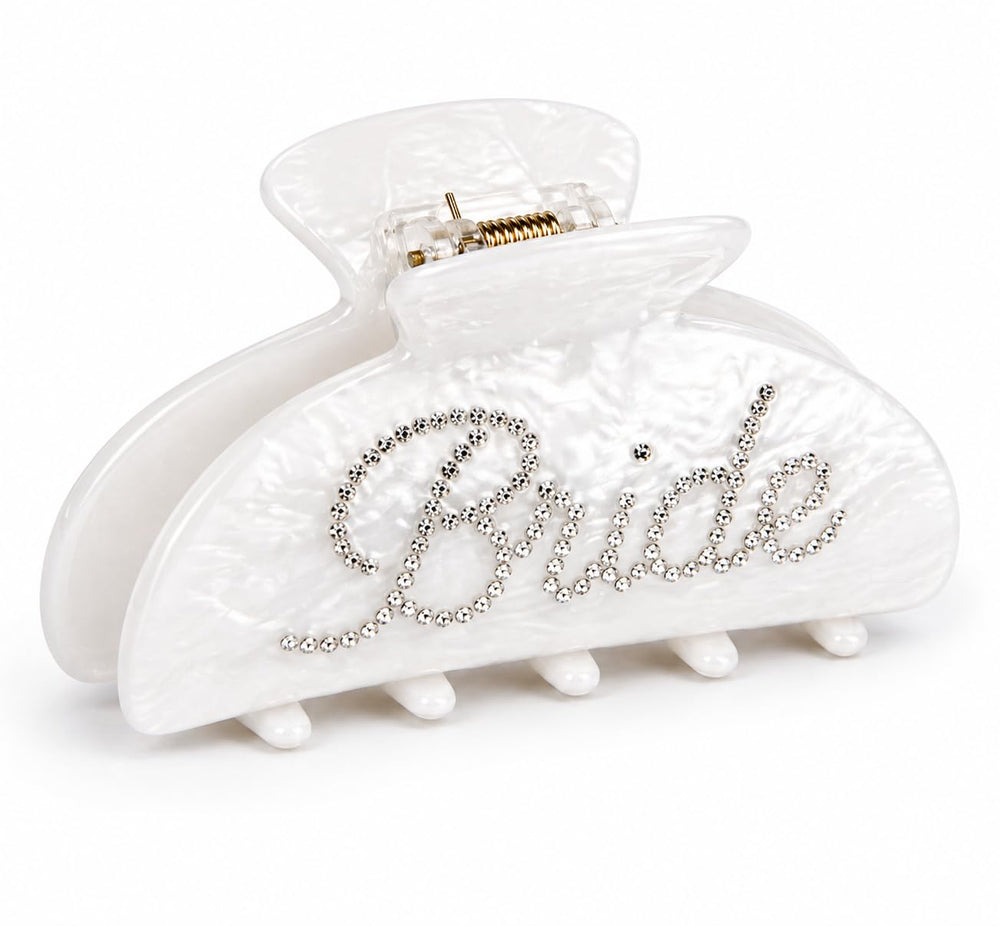 Shimmer Anna Shine front view showing white clip and Bride logo, adds bridal sparkle