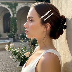 Shimmeroo hair clips worn in a half-up hairstyle adding elegant finishing touches