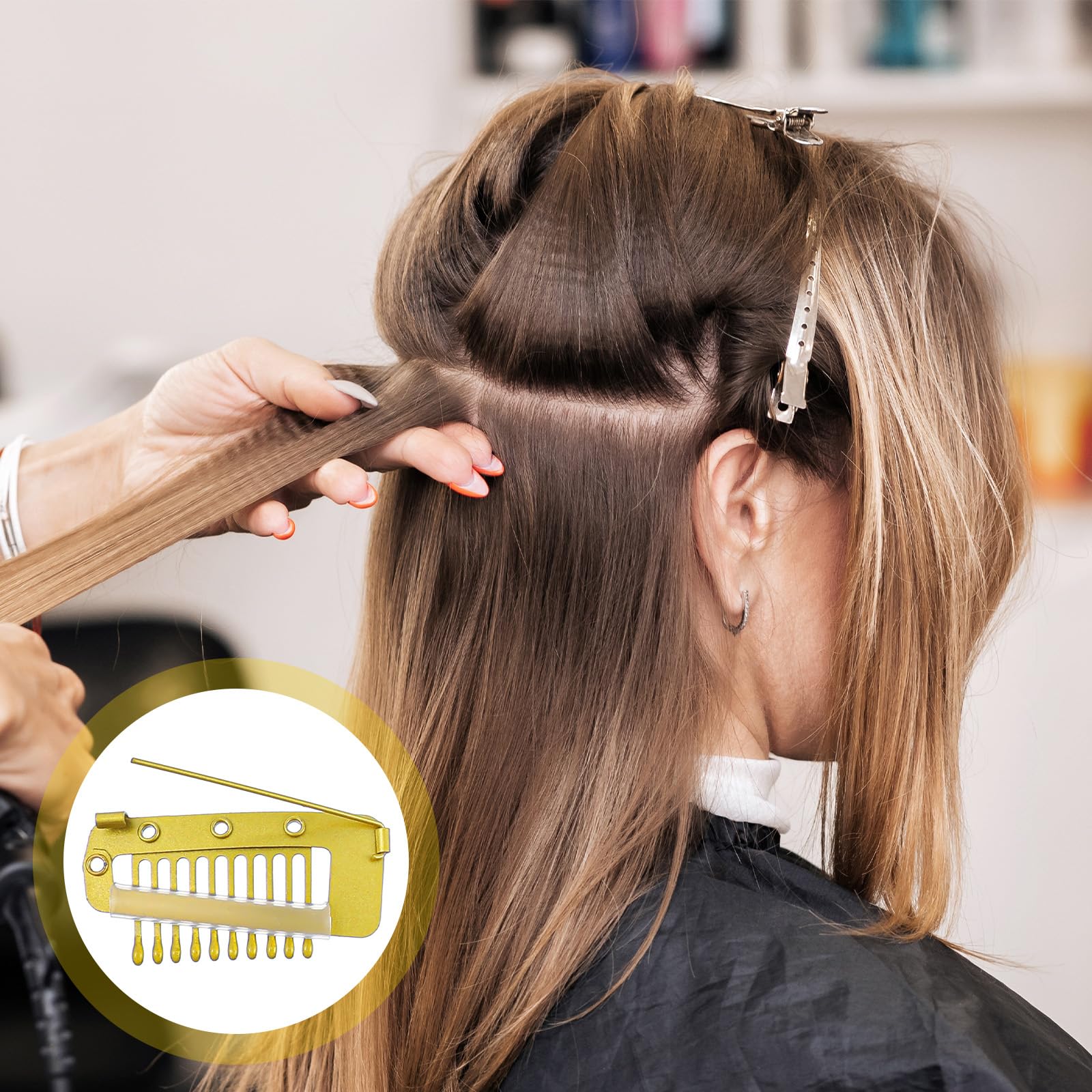 shimmeroo clip attached to wig cap demonstrating quick installation and reliable fixation
