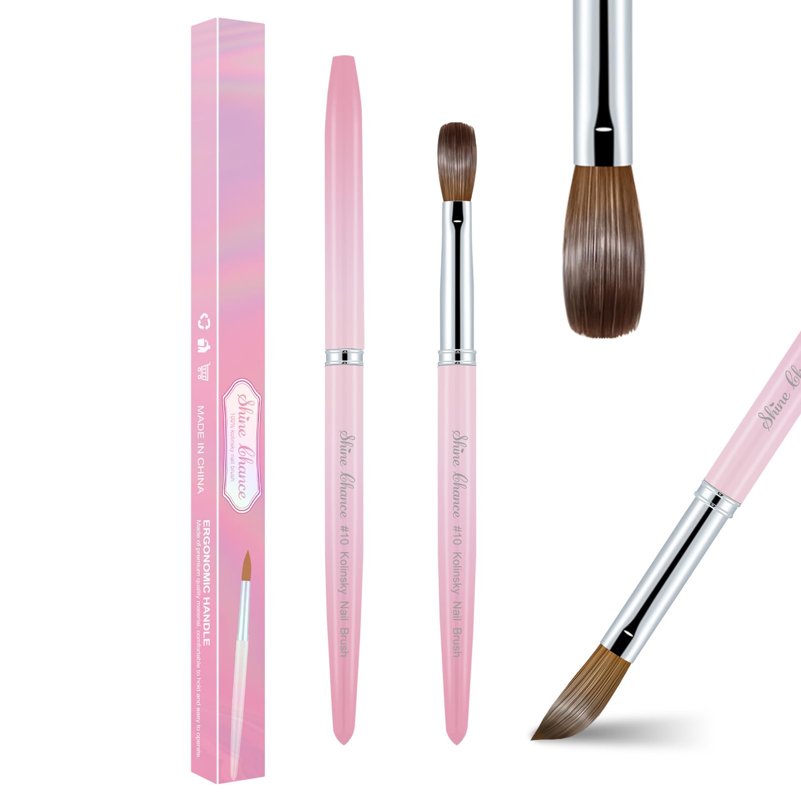 Shine Chance brush front view showing pink handle and tapered Kolinsky tip for precise application