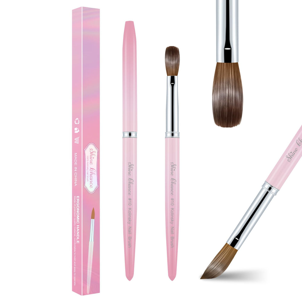 Shine Chance brush front view showing pink handle and tapered Kolinsky tip for precise application