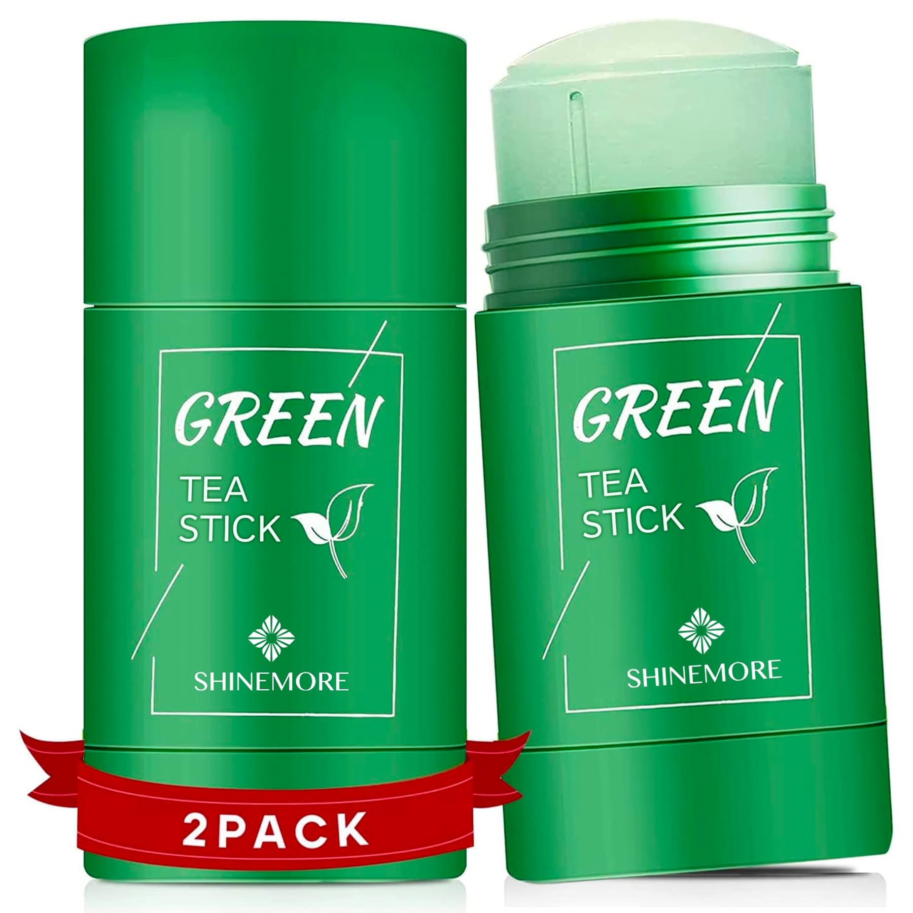 ShineMore green tea clay stick front view showing label and twist-up applicator for easy use