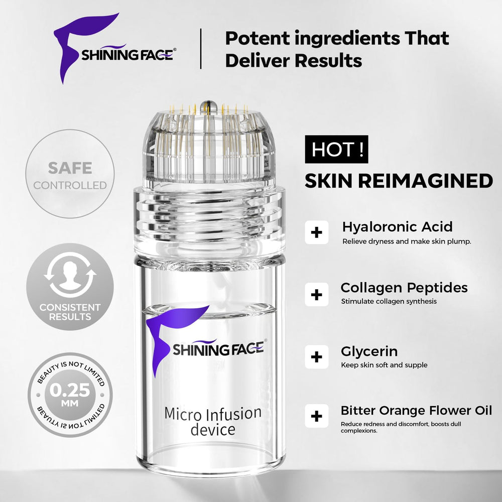 Shining Face kit contents flatlay showing tools and eight serum bottles