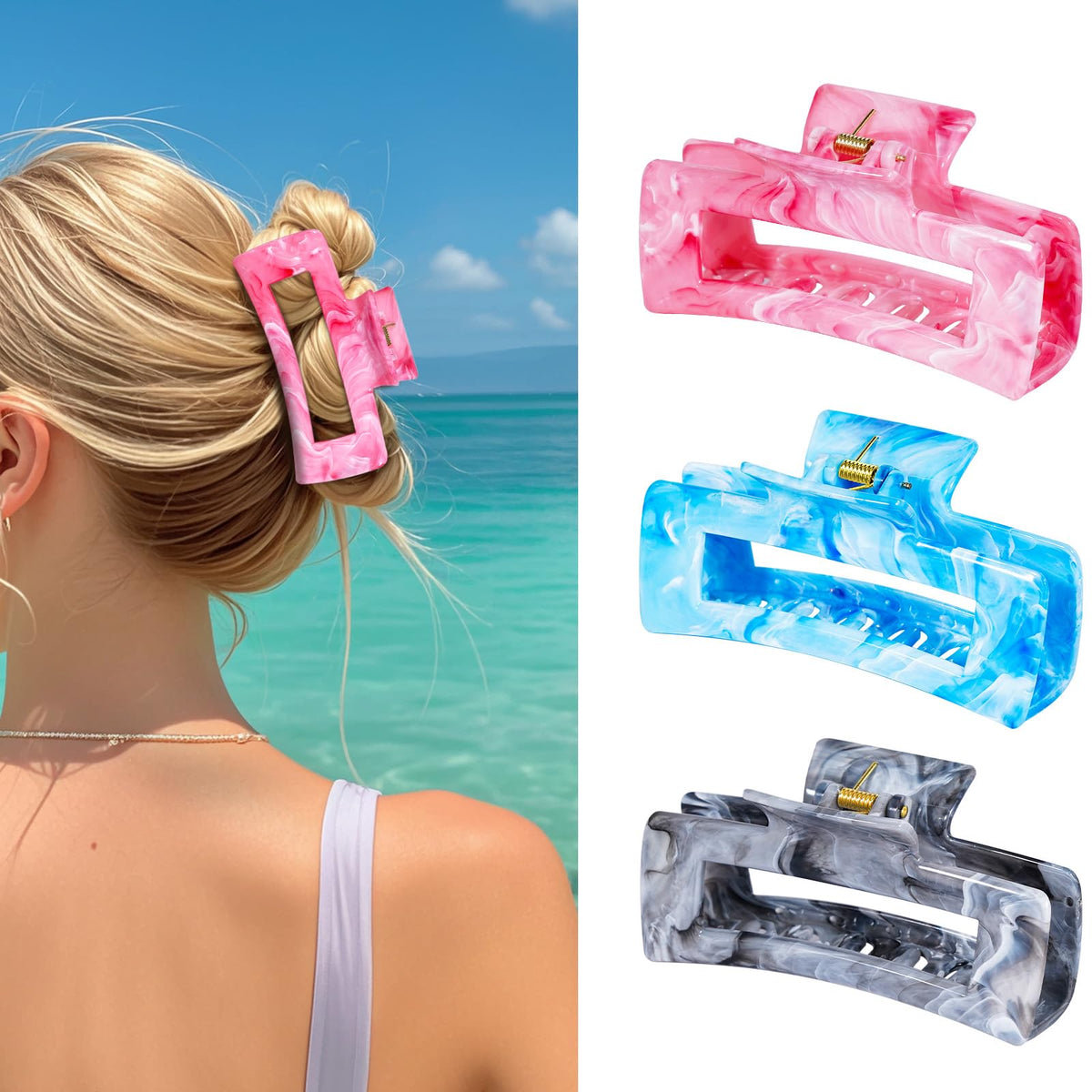 SHINLEA front view of three colored clips showing elegant ink design and matching outfits