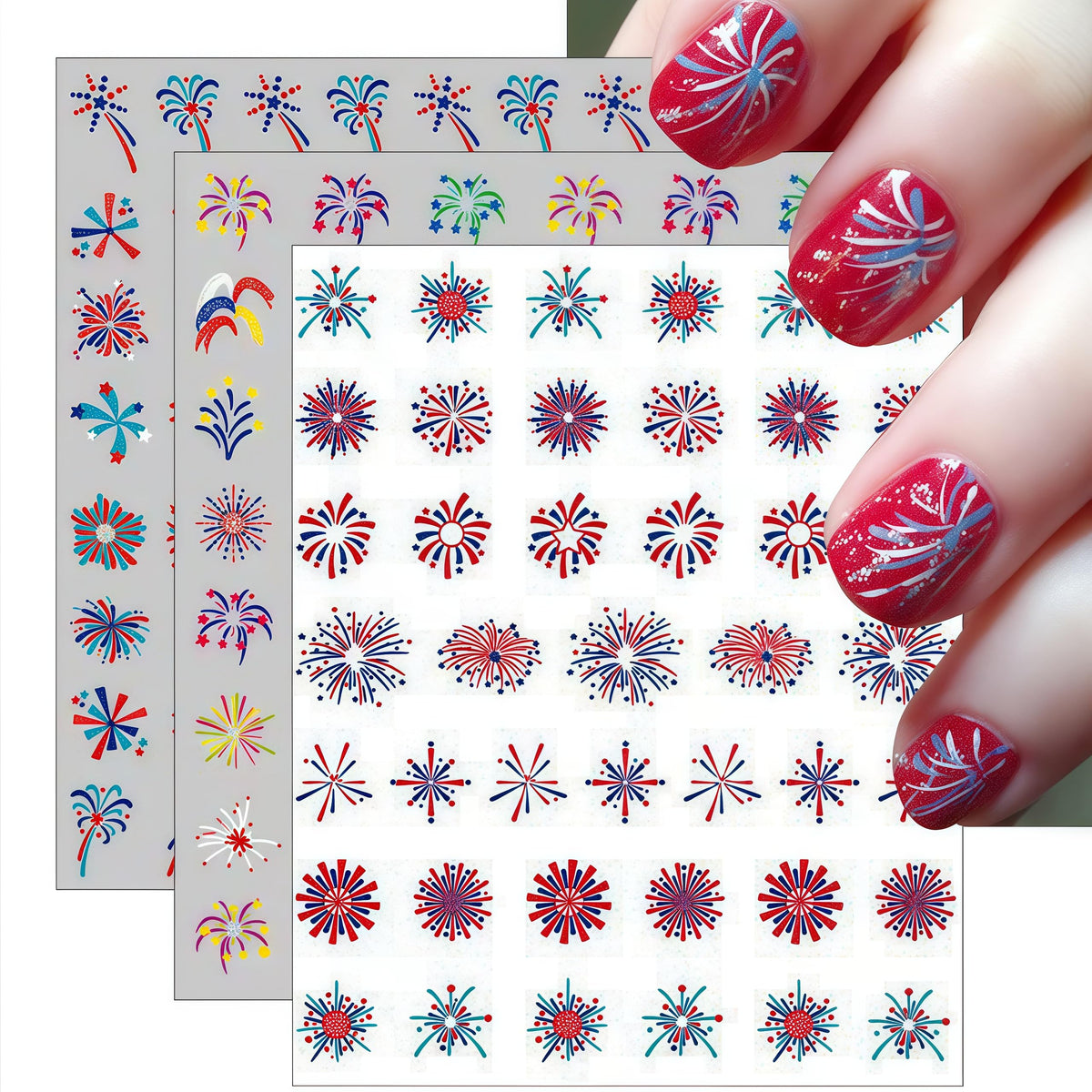 SHIQIXIANNV front packaging showing patriotic fireworks stickers and quick benefits